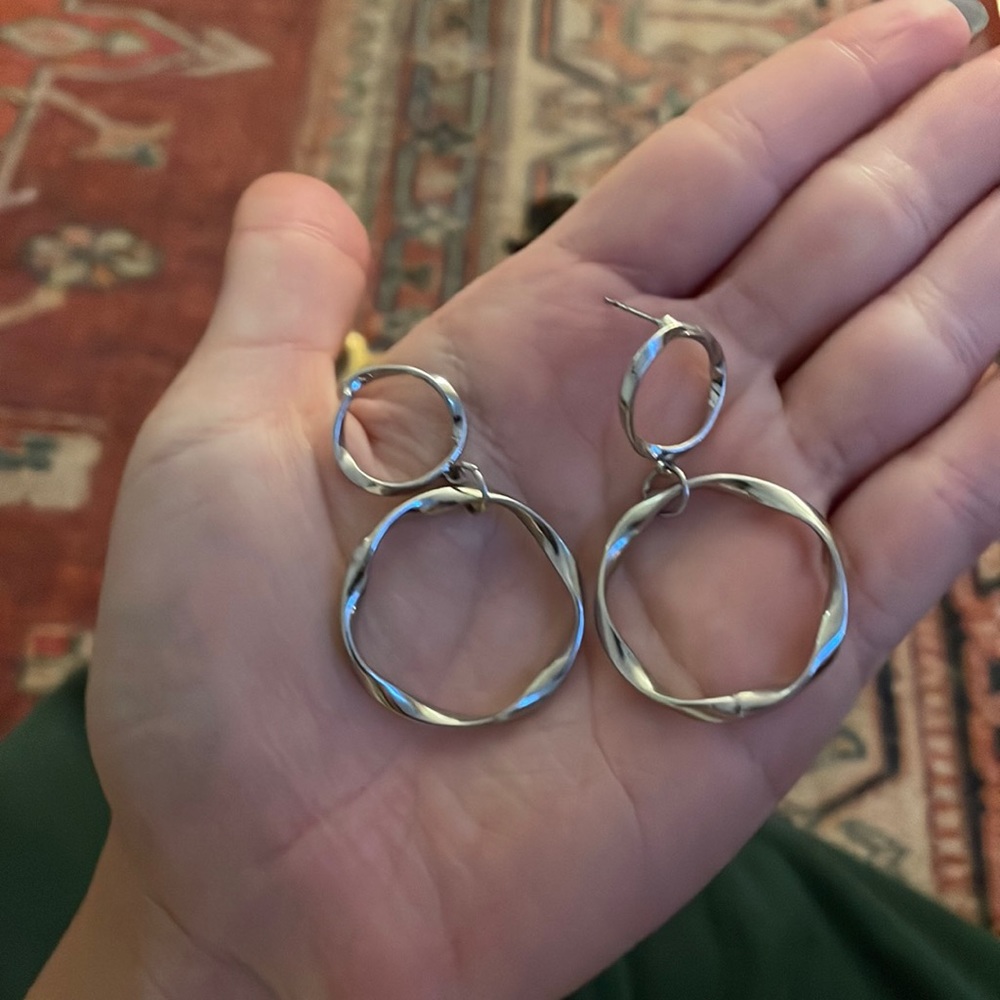 Silver dangle double circle earrings